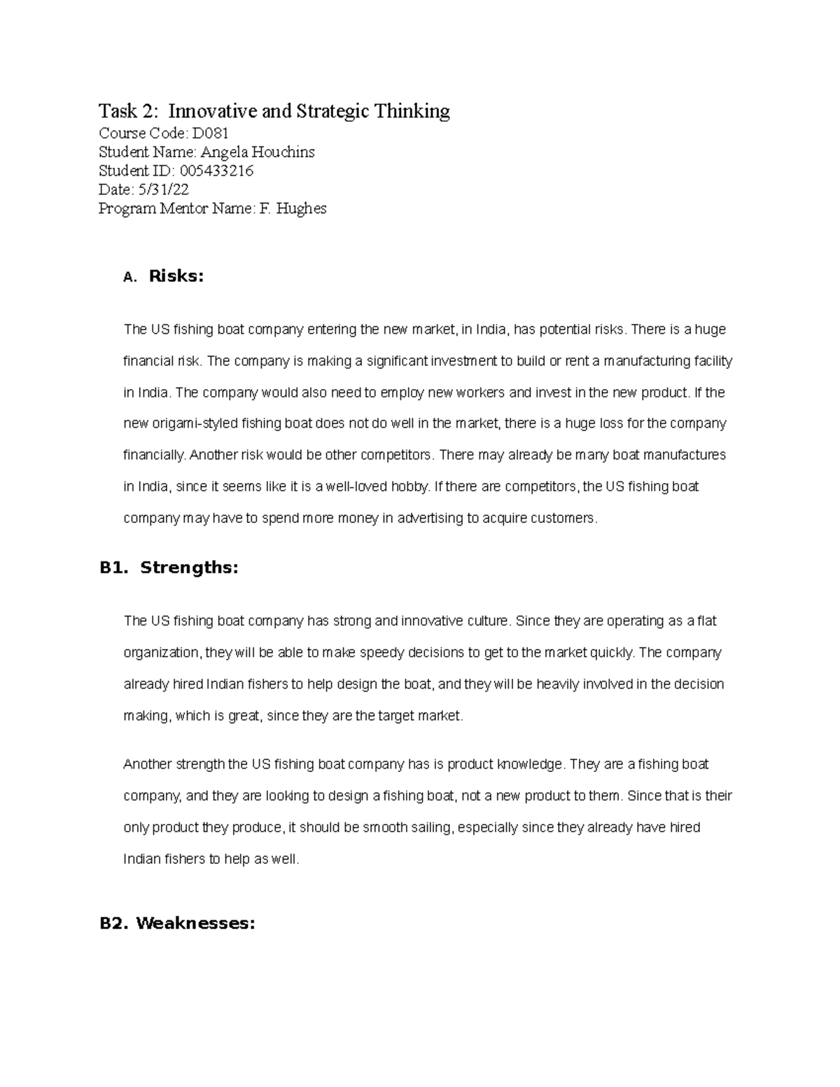 D081 Task 2 - D081 Task 2 - Task 2: Innovative and Strategic Thinking ...