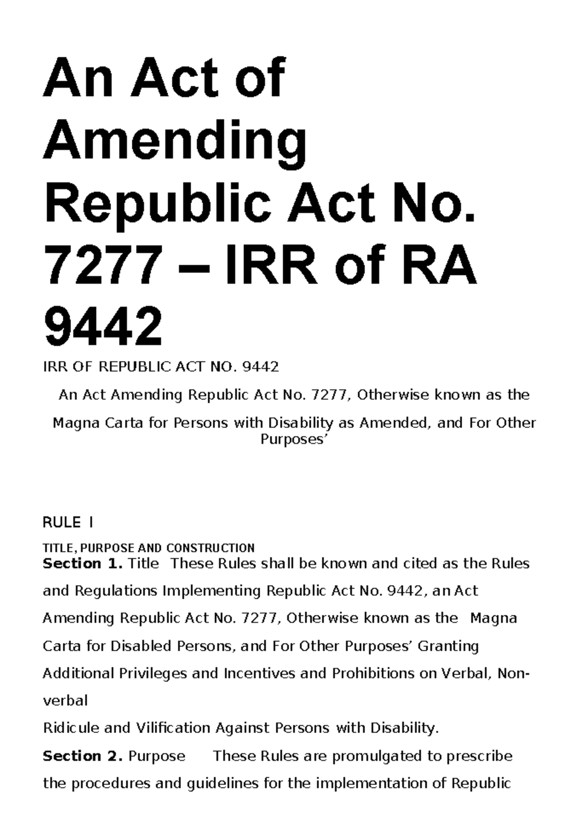 RA 9442 IRR: Implementing Rules for the Magna Carta for PWDs - Studocu