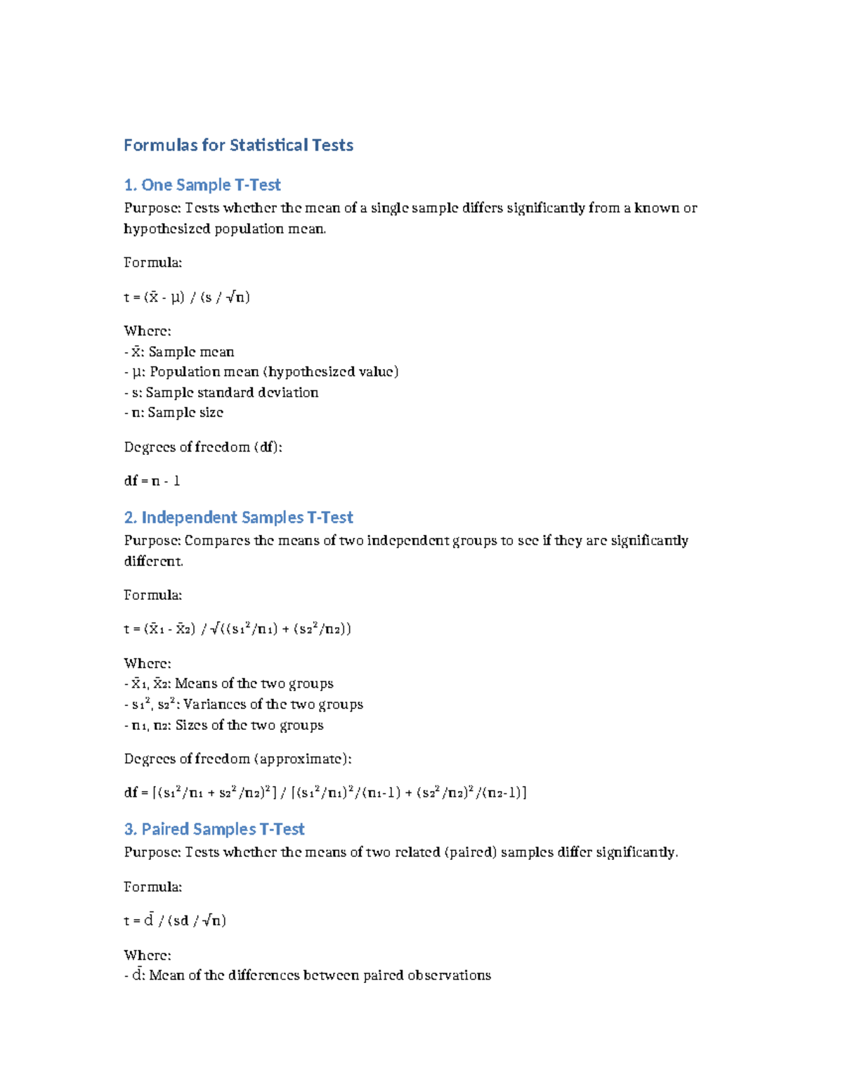 Statistical Tests Formulas: One Sample, Independent & Paired - Studocu