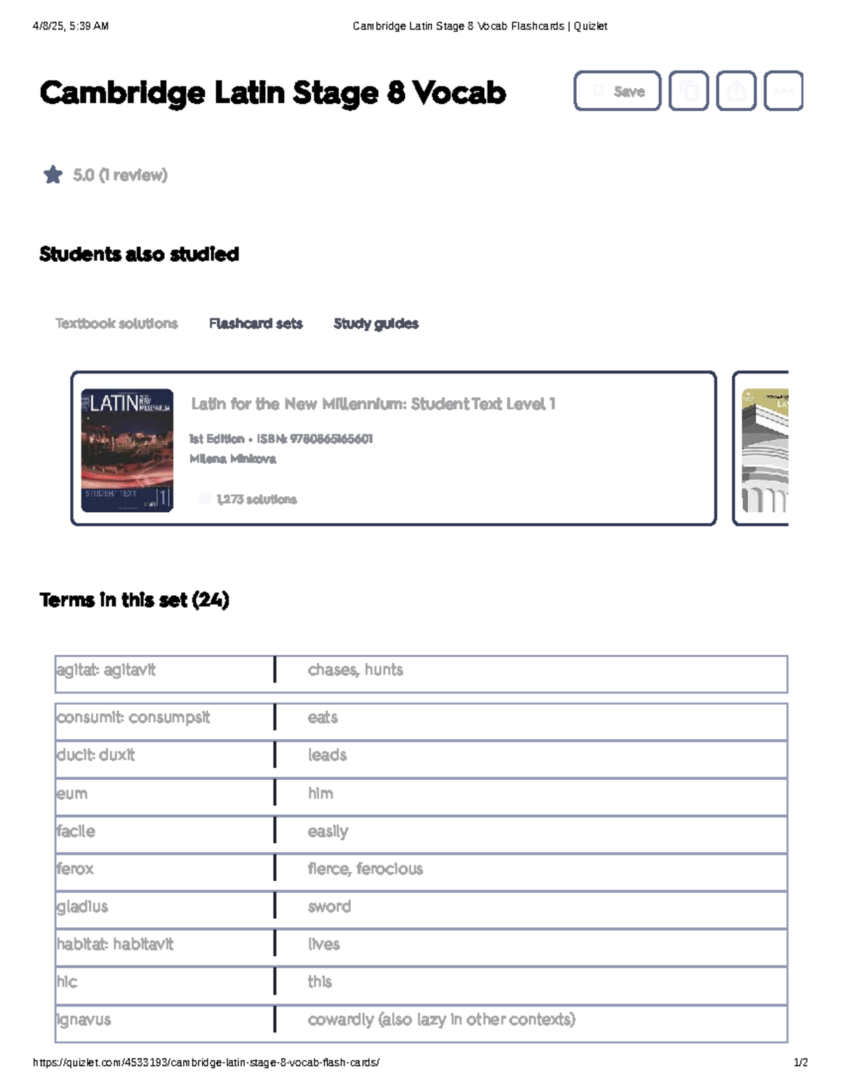 Cambridge Latin Stage 8 Vocab Flashcards Quizlet Review - Studocu