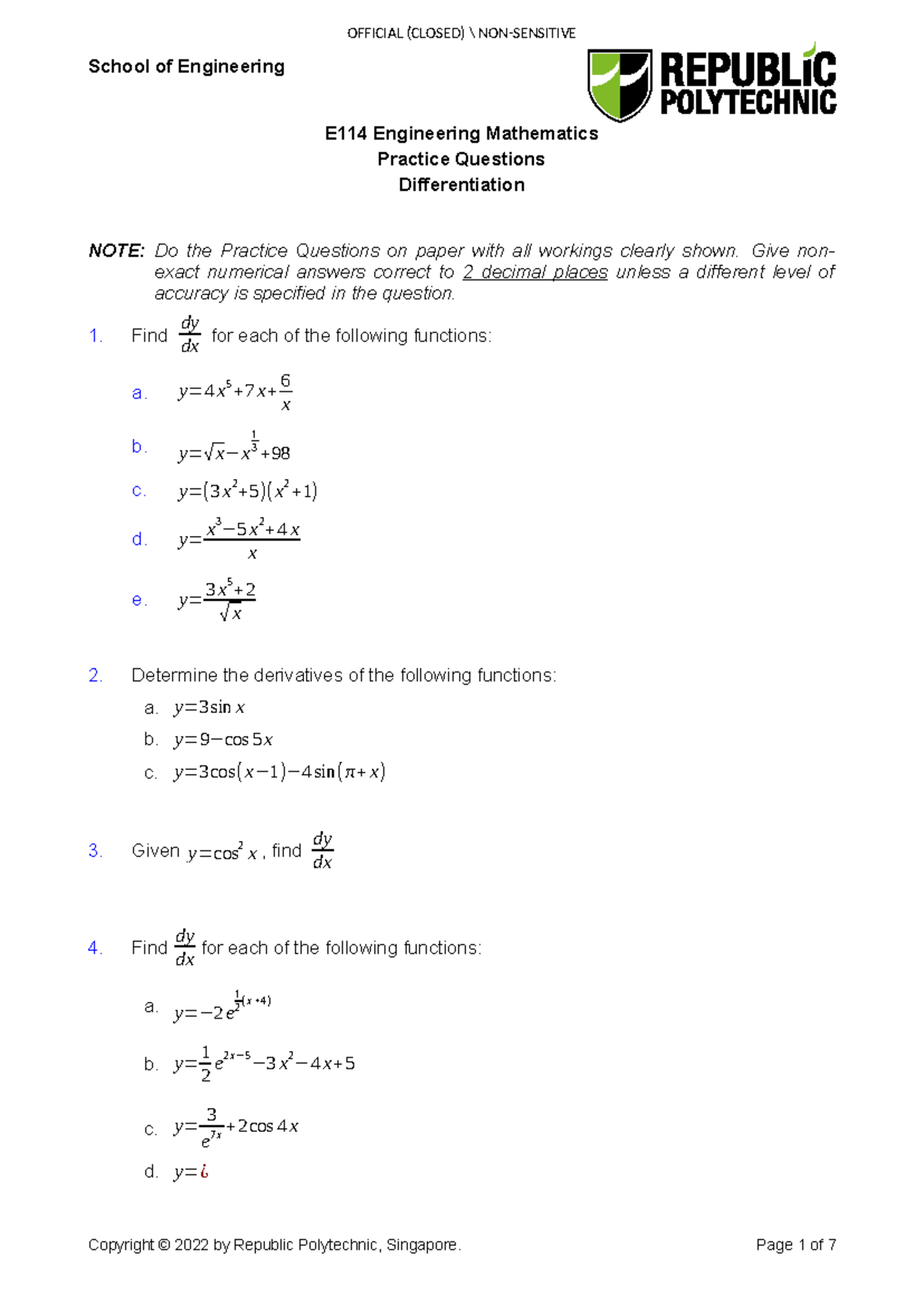 E114 Engineering Mathematics Practice Questions on Differentiation ...