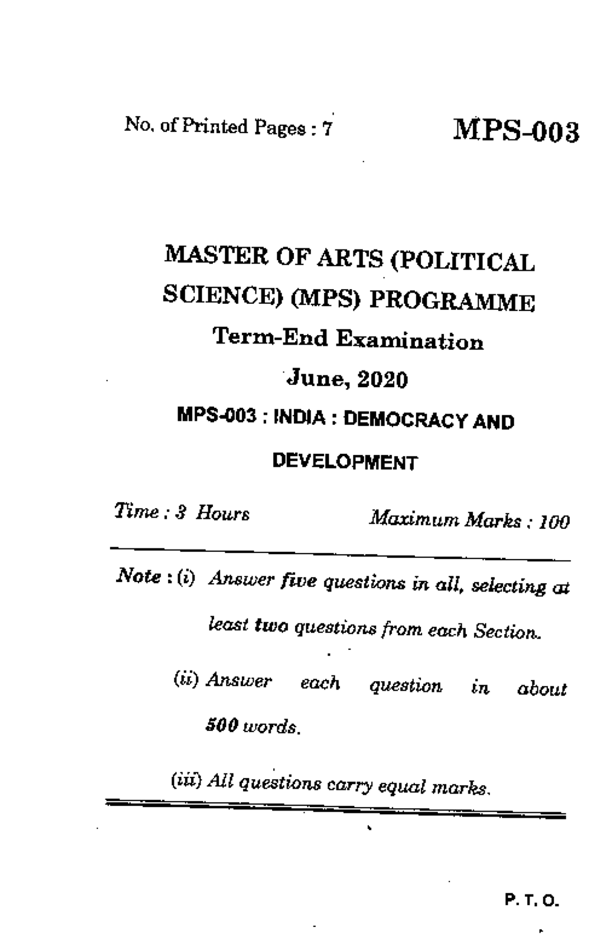 MPS-003 - Term-End Exam Question Paper: India, Democracy & Development ...