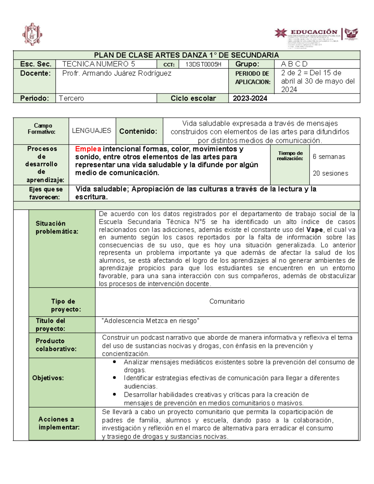 Plan de Clase: Artes y Danza Secundaria Técnica 5 (Abril-Mayo 2024 ...