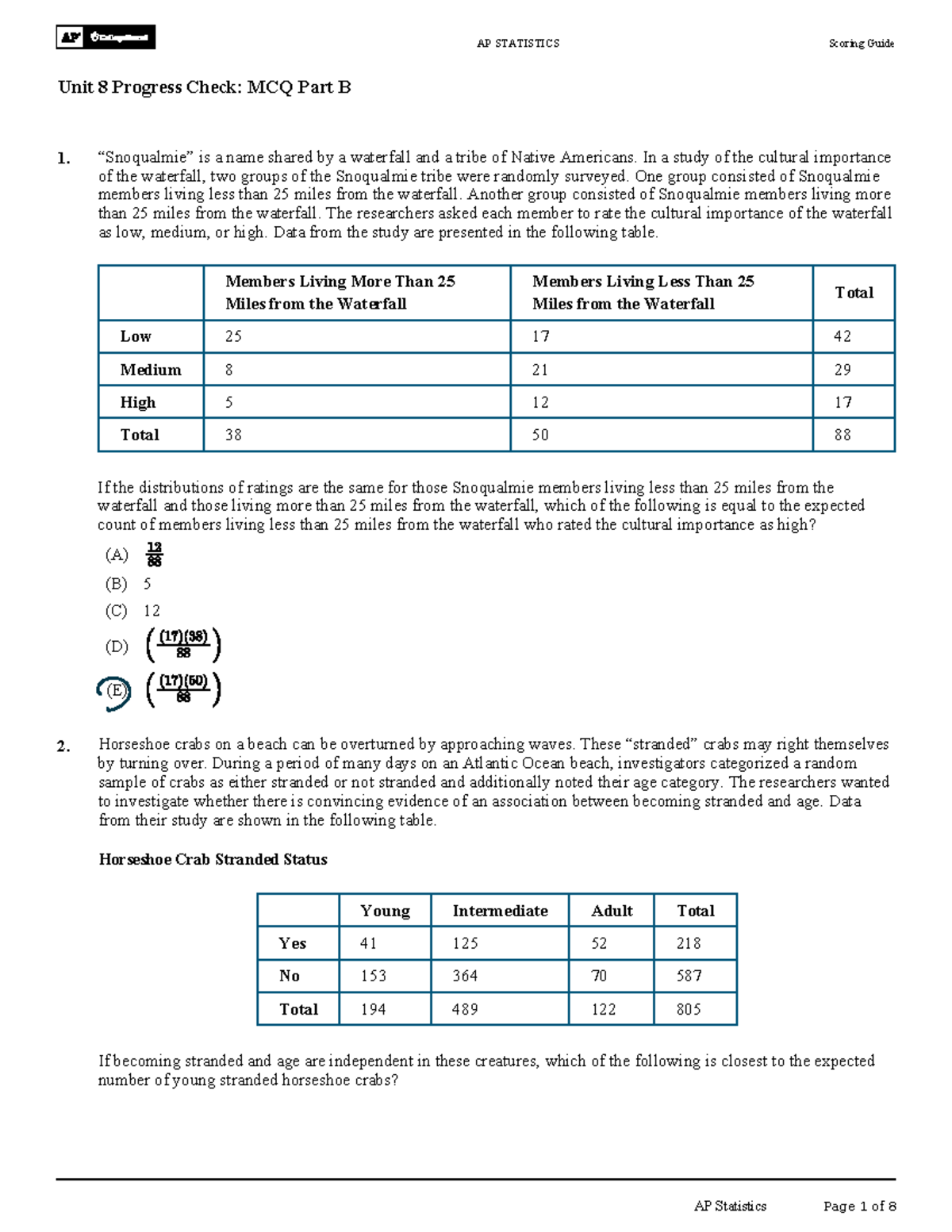 AP STATISTICS Unit 8 Progress Check: MCQ Part B Scoring Guide - Studocu