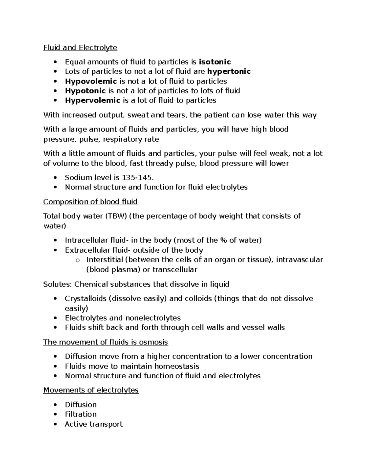Fluid and Electrolyte - Fundamentals for Nursing (NUR 101) - Studocu