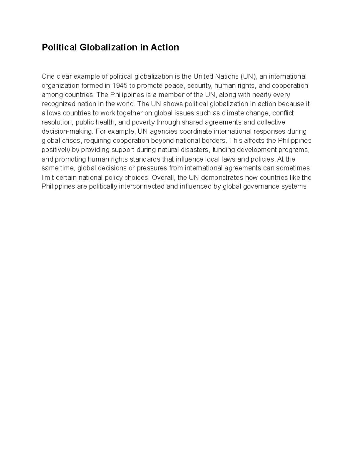 Political Globalization: The Role of the UN in the Philippines - Studocu