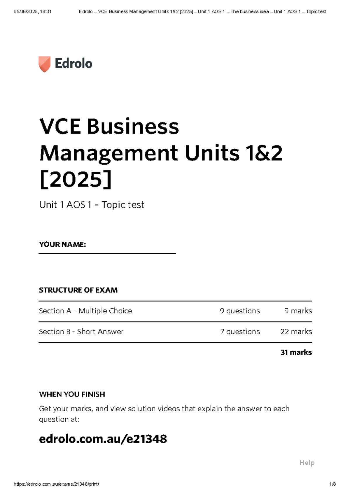VCE Business Management Unit 1 AOS 1 Topic Test Notes - Studocu