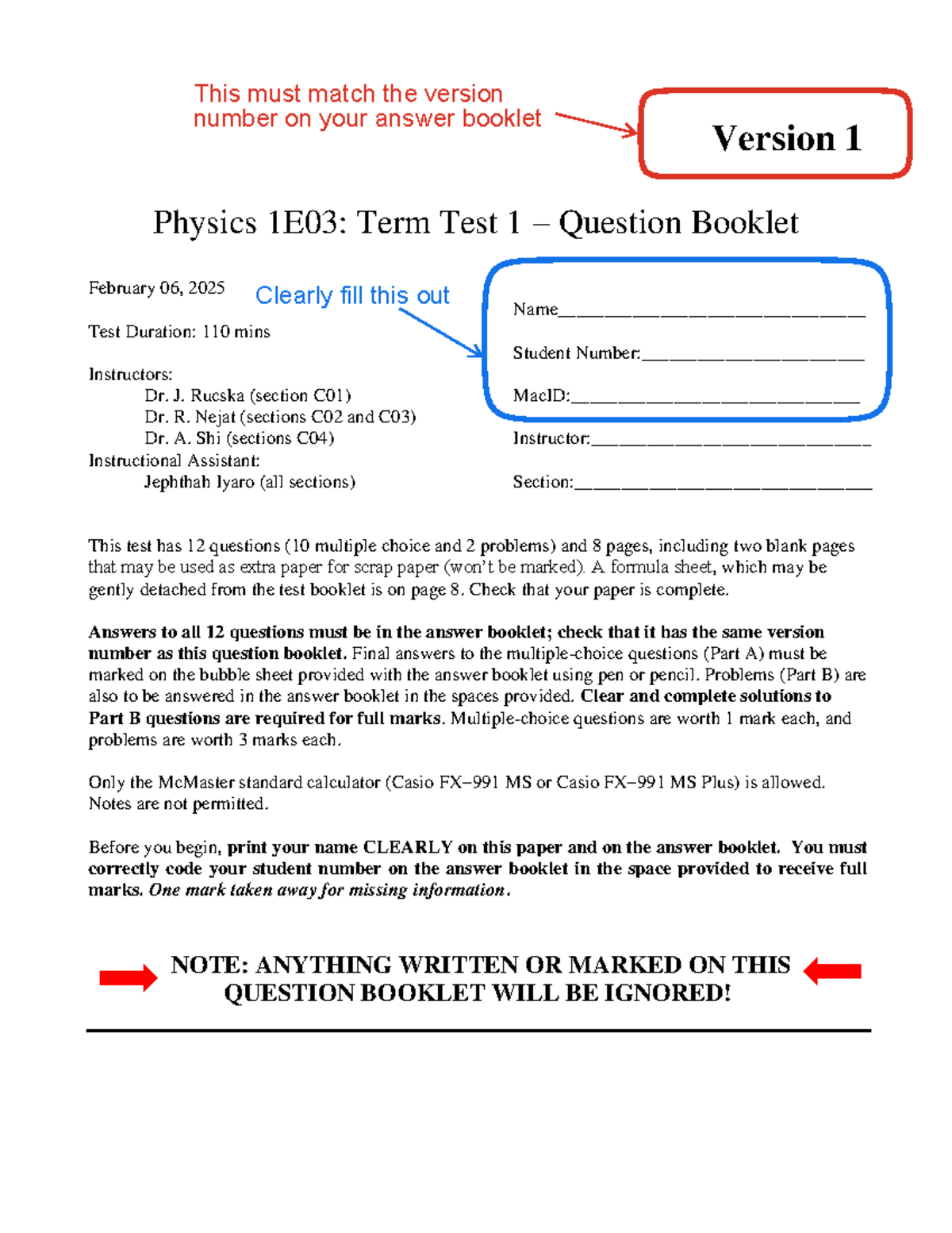 Physics 1E03: Term Test 1 Question Booklet - Feb 06, 2025 - Studocu