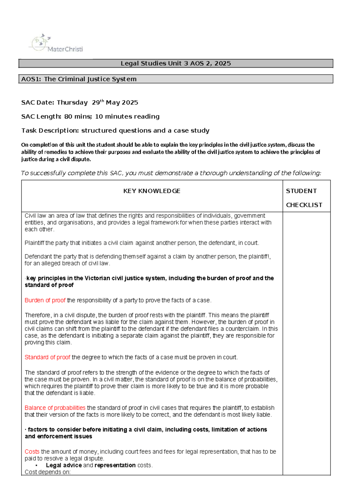 U3 AOS2 Legal Studies SAC: The Civil Justice System Overview 2025 - Studocu