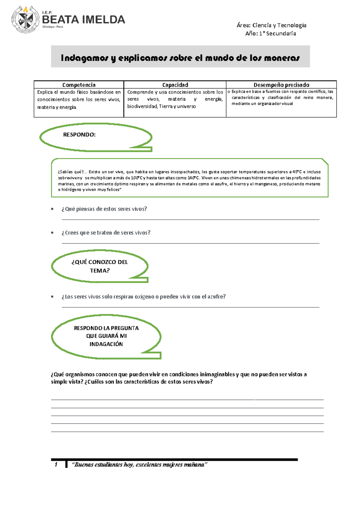 Ficha 01 - Características del Reino Monera (1° Sec) - Studocu