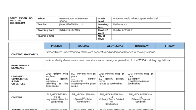 DLL Cookery Lesson Plan for Grade VII - Week 7 - Studocu