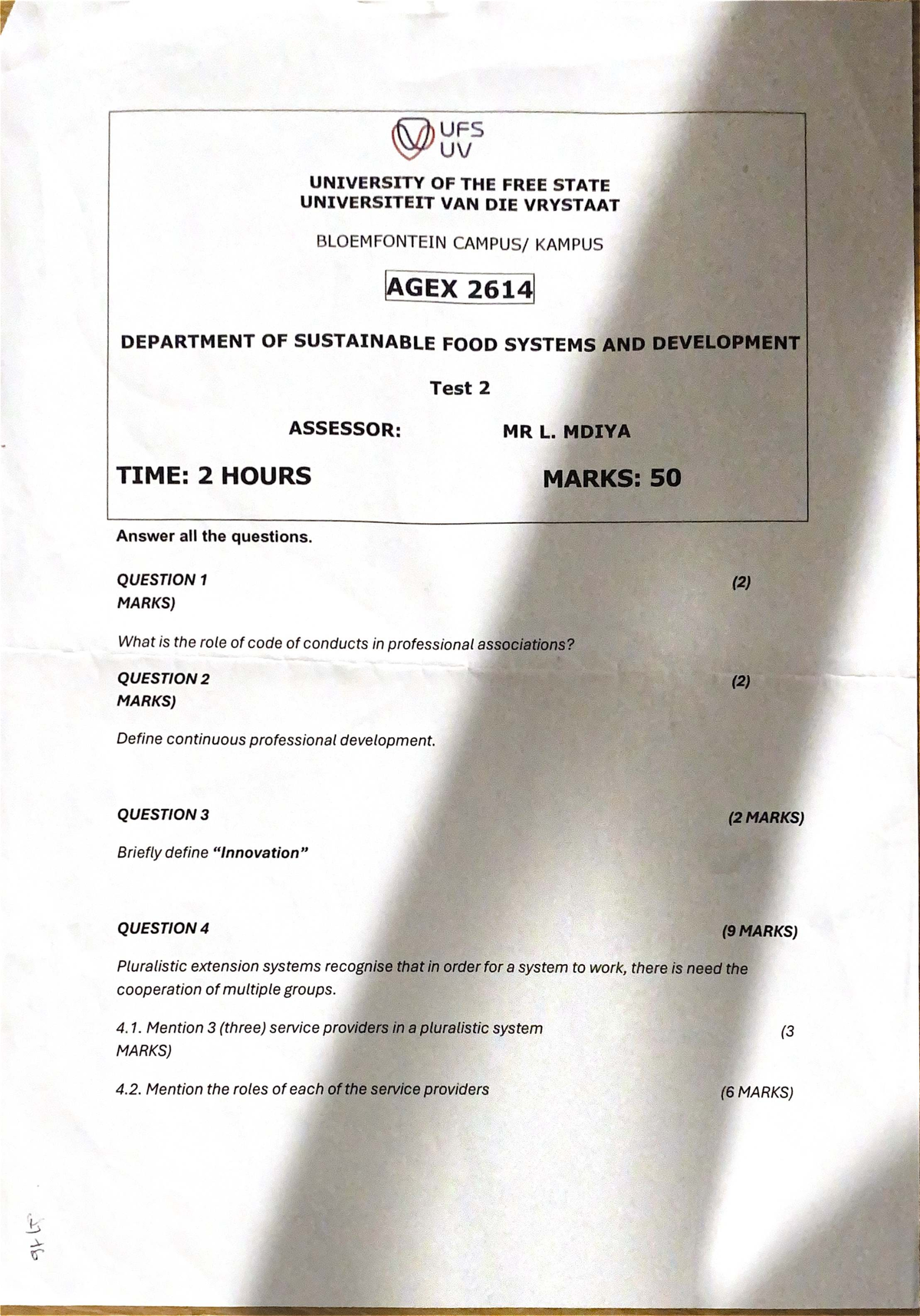 AGEX 2614 Test 2: Sustainable Food Systems & Development Exam - Document Preview