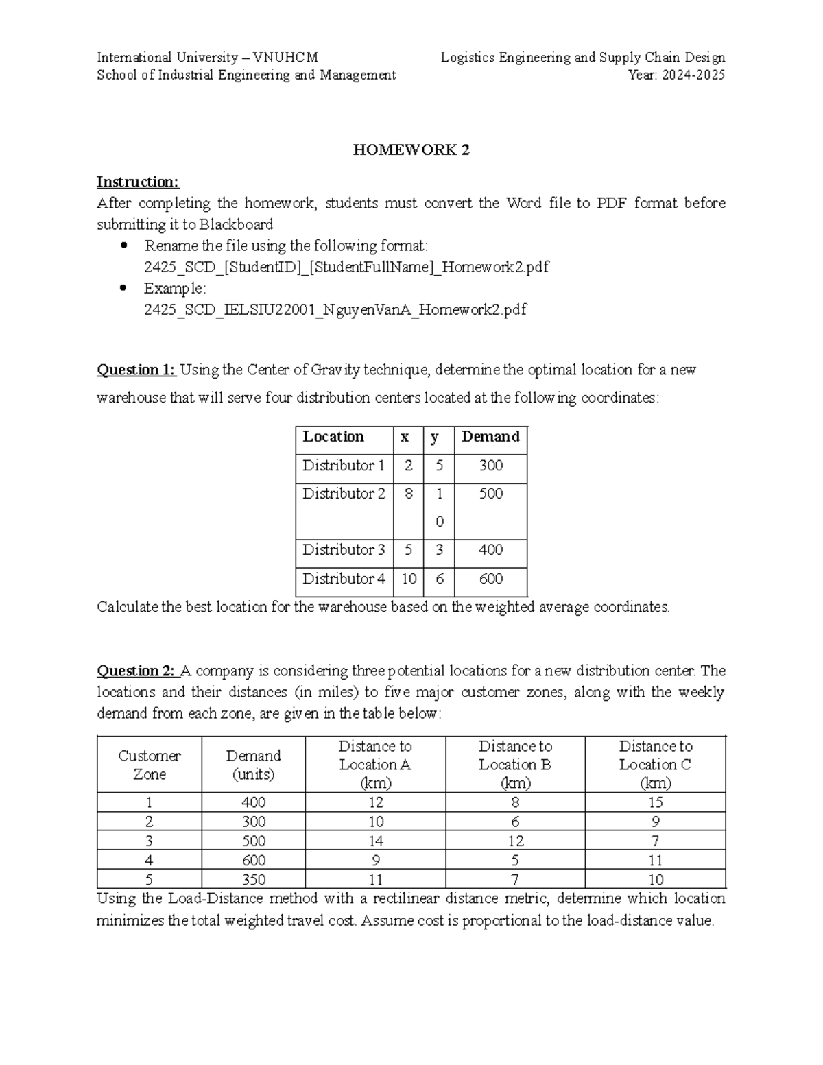 Homework 2 - HW2 - School of Industrial Engineering and Management Year ...