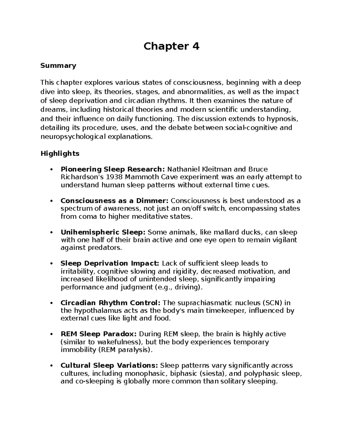 PSY 101 Chapter 4: States of Consciousness and Sleep Insights - Studocu