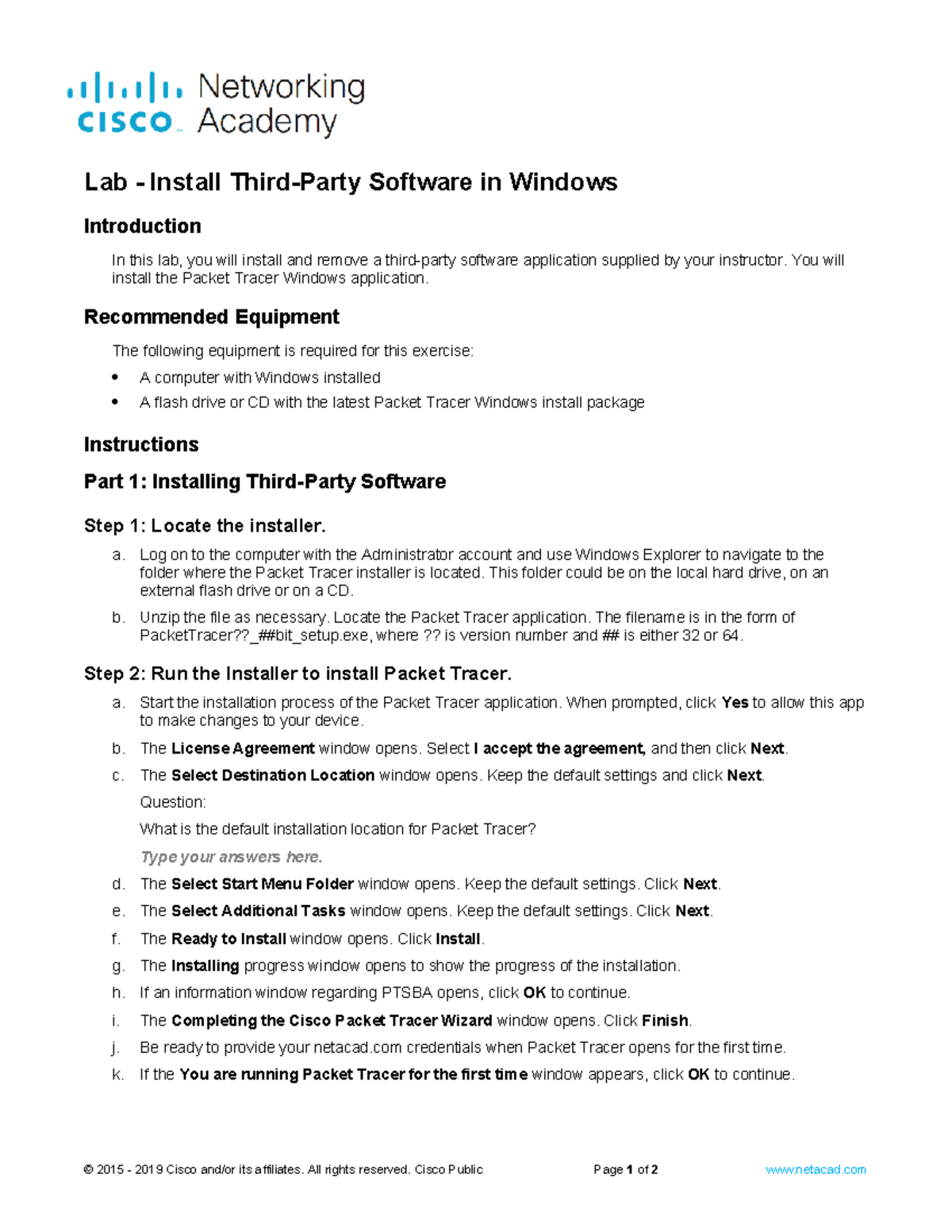 3.1.2.7 Lab - Installing Packet Tracer Software on Windows - Studocu