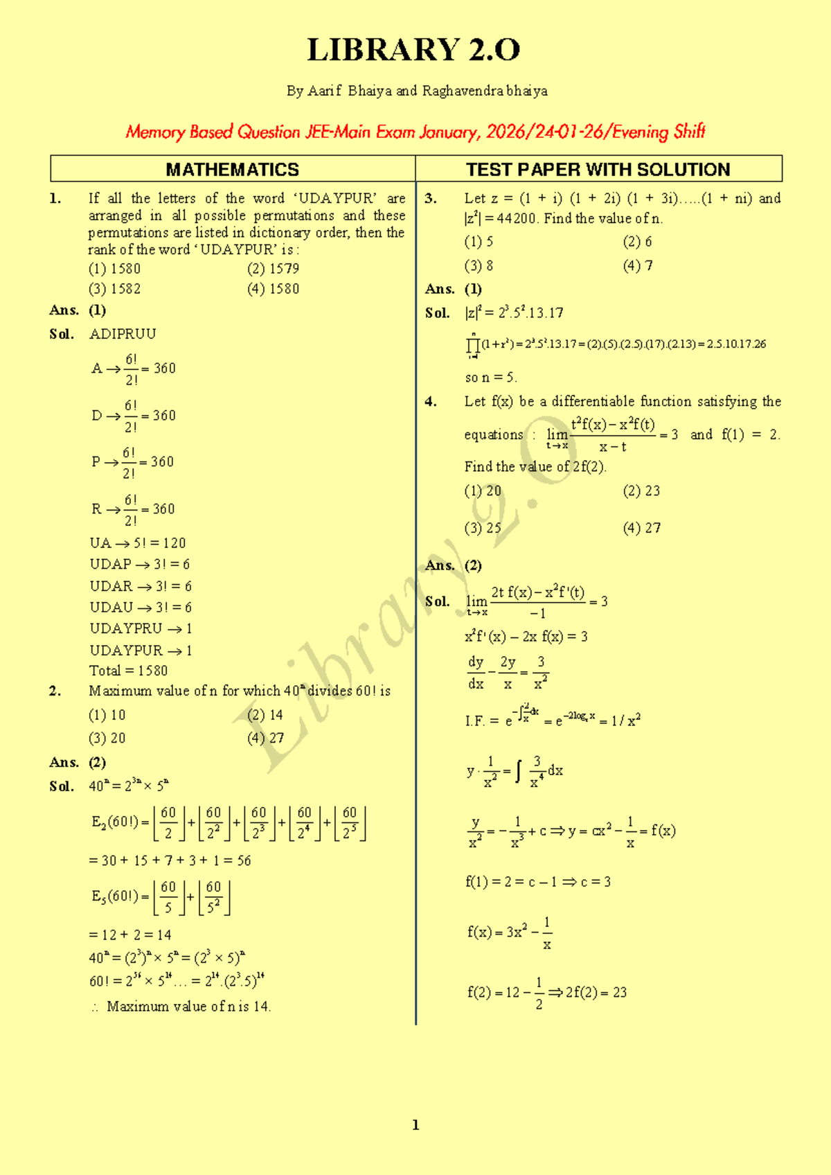 MATHEMATICS TEST PAPER WITH SOLUTION - LIBRARY 2.O - Studocu