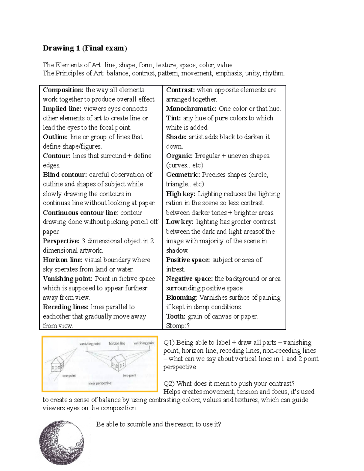 Drawing I: Study Guide for Final Exam - Elements & Techniques - Studocu