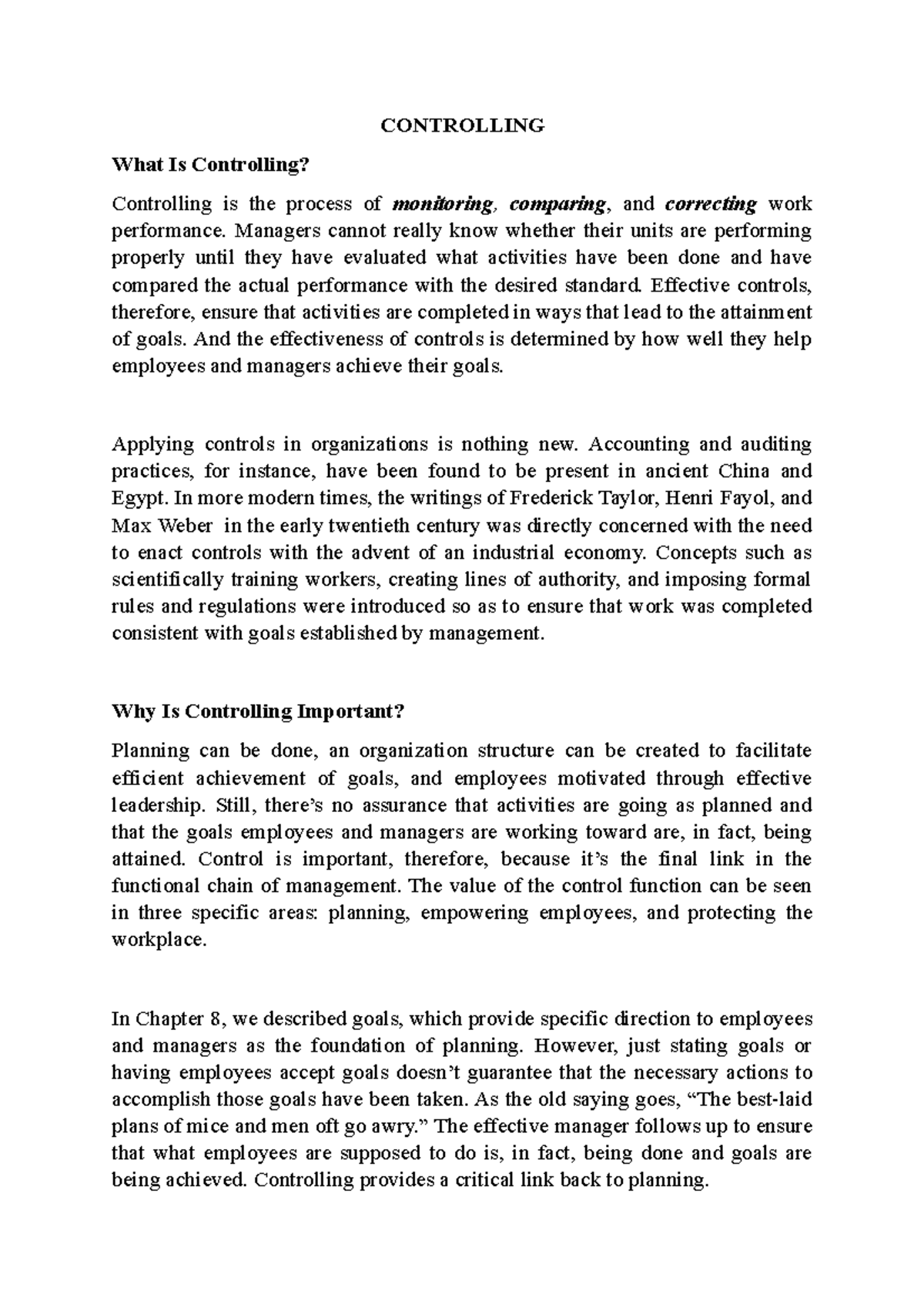 MGT 101: Summary of Control Process and Its Importance - Studocu