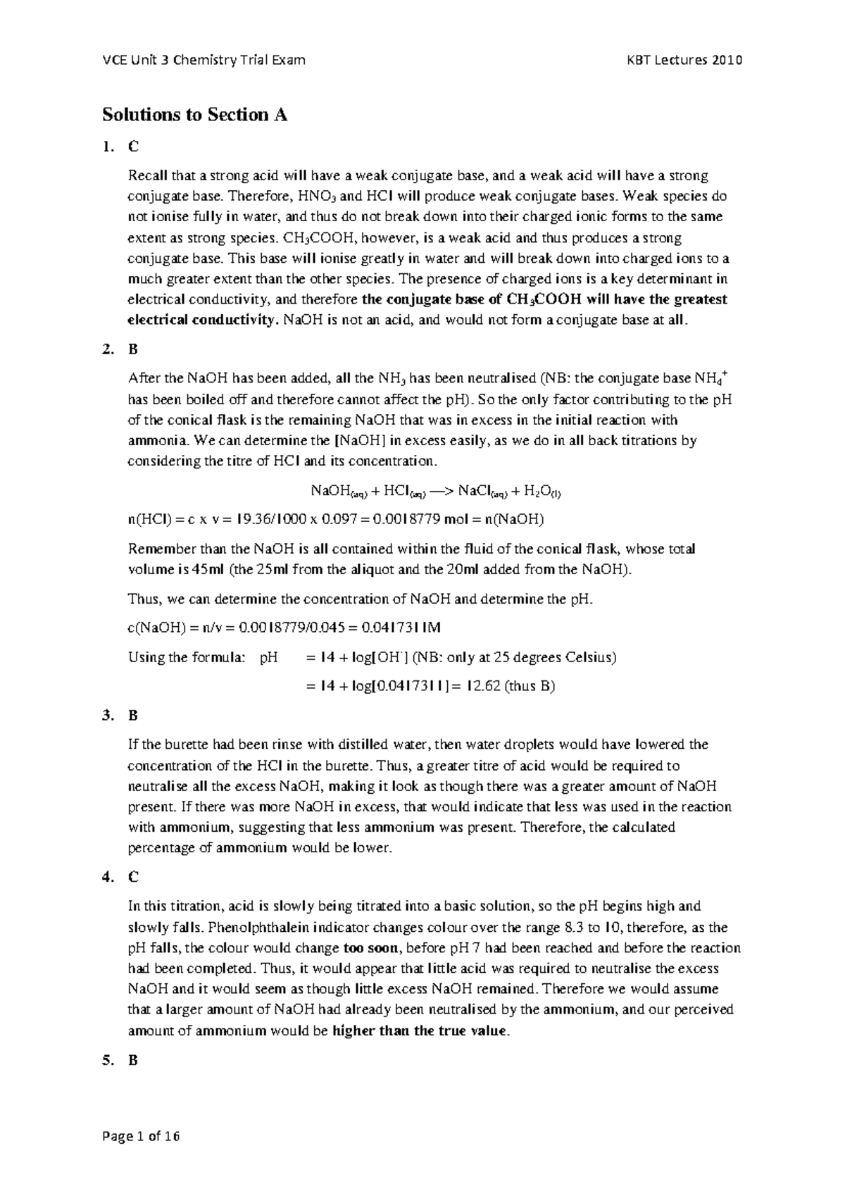 KBT Unit 3 Chemistry Trial Exam Solutions Analysis and Answers - Studocu