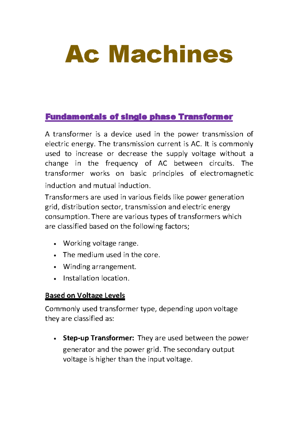 AC Machines - Lecture Notes on Transformers and Their Applications ...