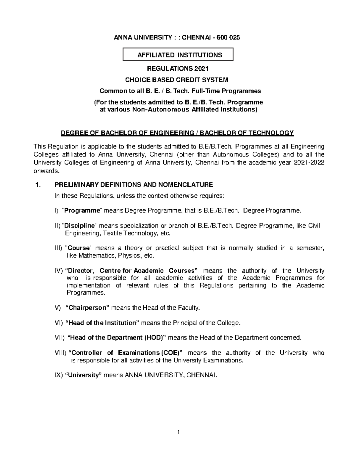 UG R 2021 - Regulations for B.E/B. Tech Programmes at Anna Univ - Studocu