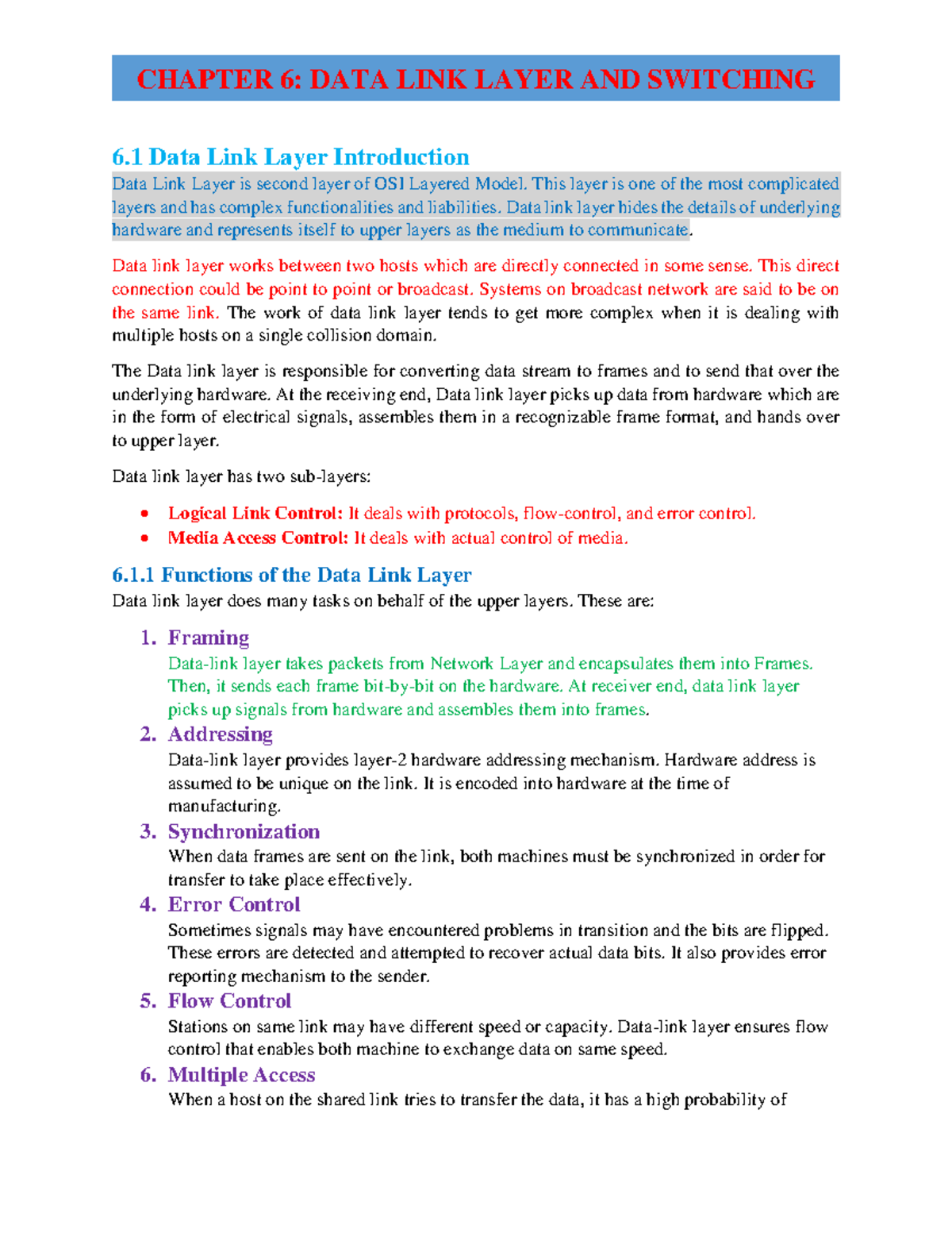 CHAPTER 6: DATA LINK LAYER AND SWITCHING - Networking Notes - Studocu