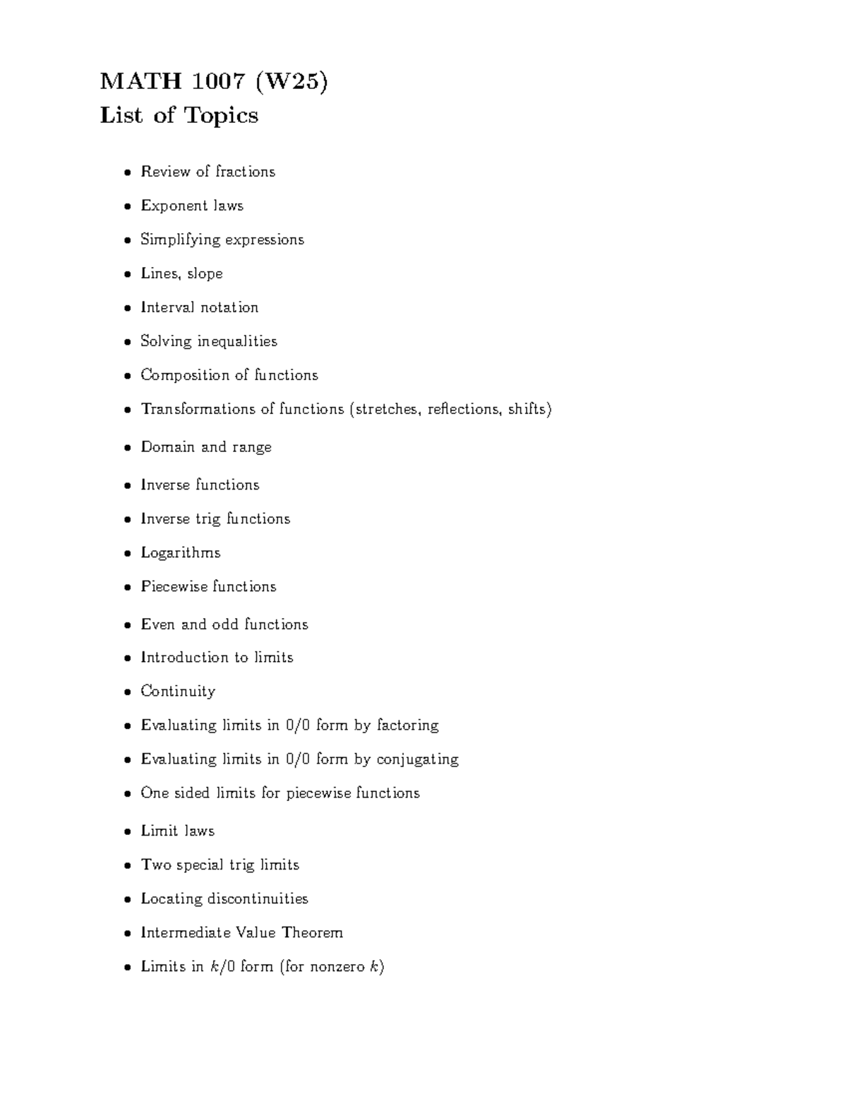 MATH 1007 (W25) Final Exam Formulae and Key Concepts Review - Studocu