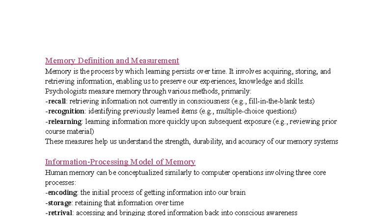 PSYC100A-Chapter 8: Memory Processes and Mechanisms Overview - Studocu
