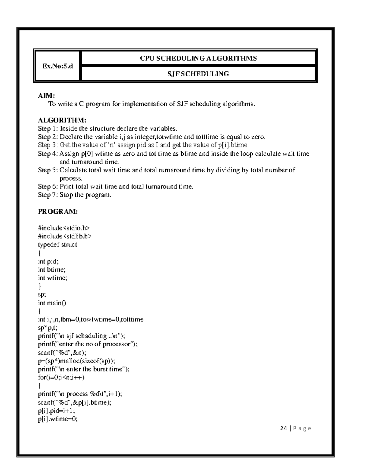 C Program for SJF Scheduling Algorithm Implementation (CS101) - Studocu