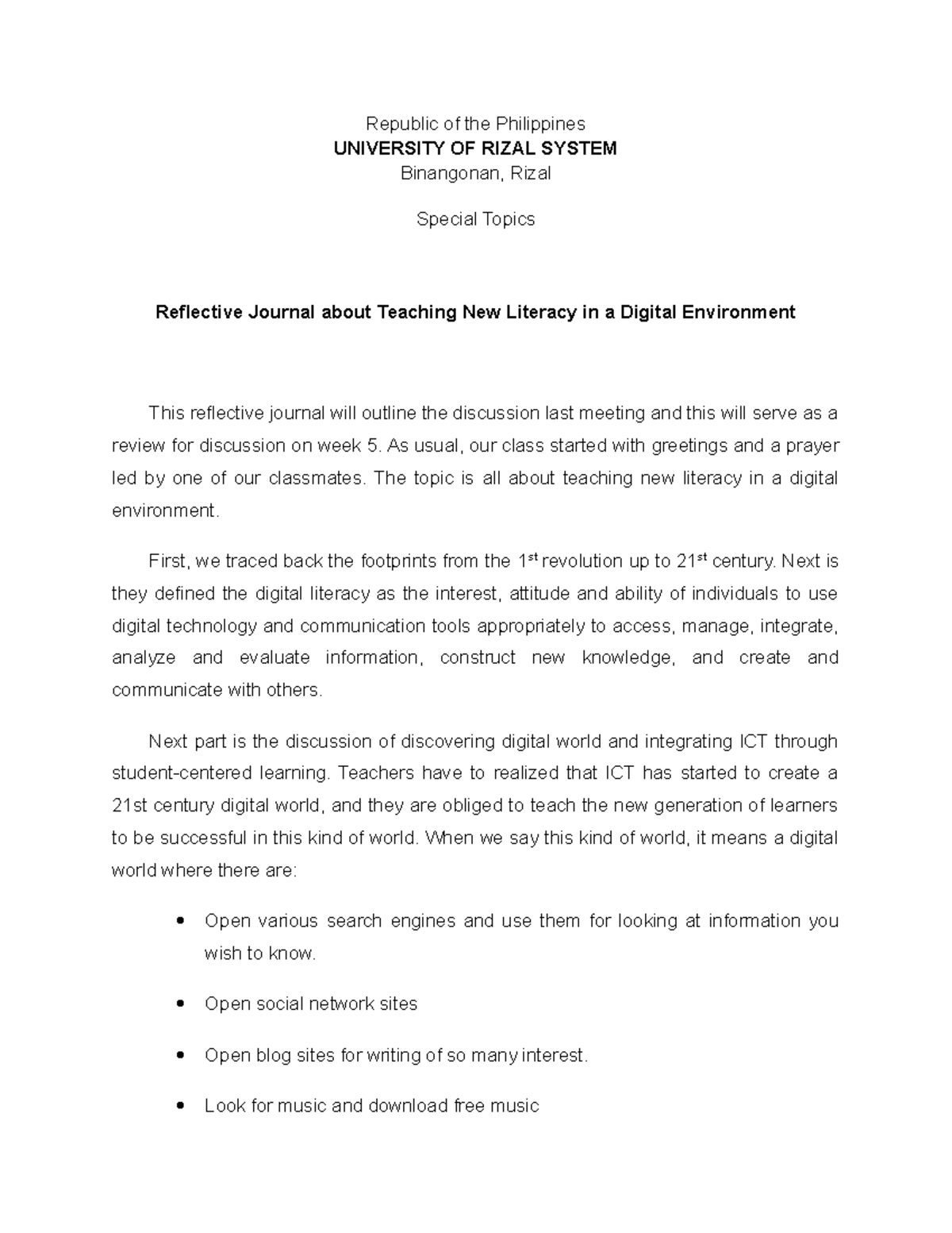 Reflective Journal on Teaching New Literacy in Digital Env. (EDU 101 ...