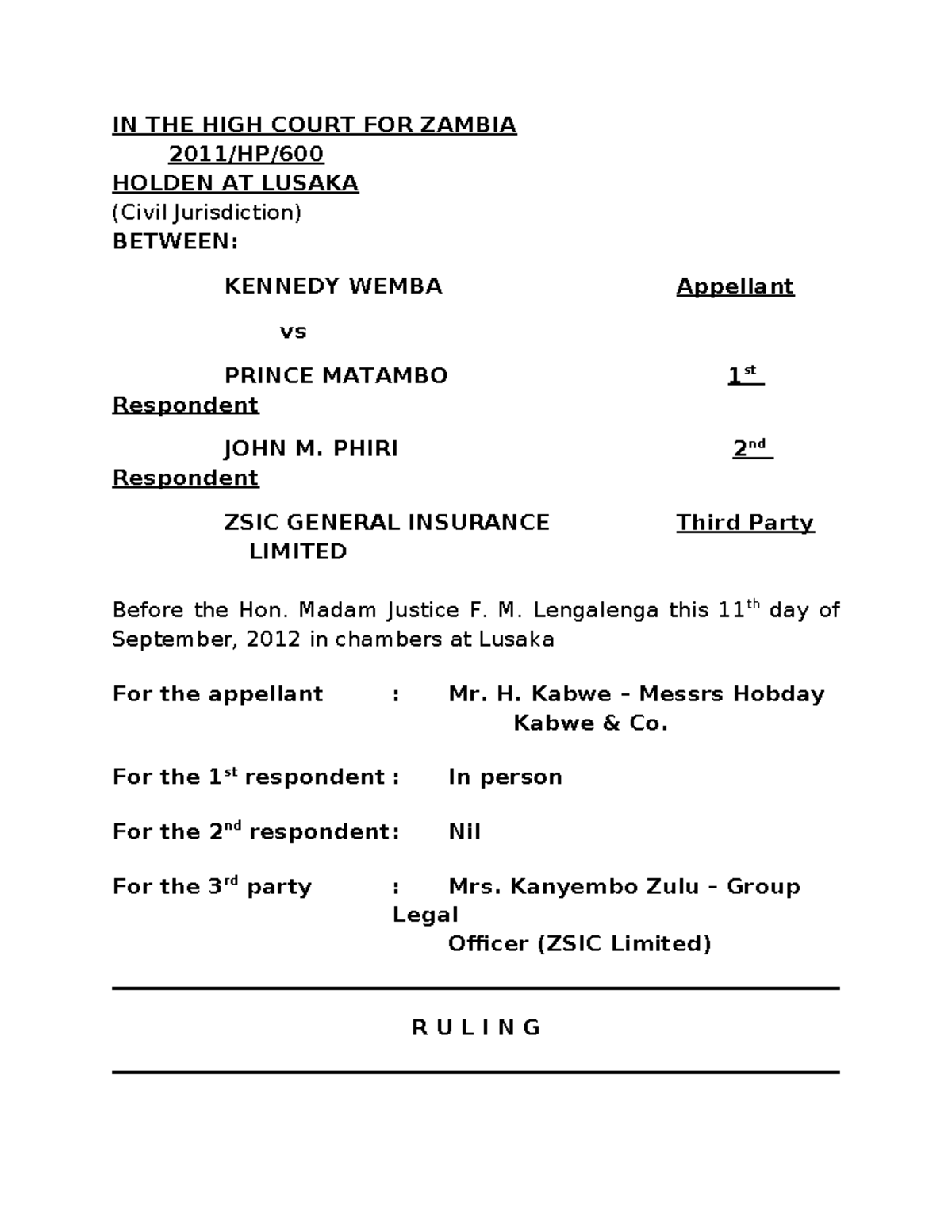 Case Summary: Wemba v. Matambo & Others (Civil Appeal) - Ruling ...