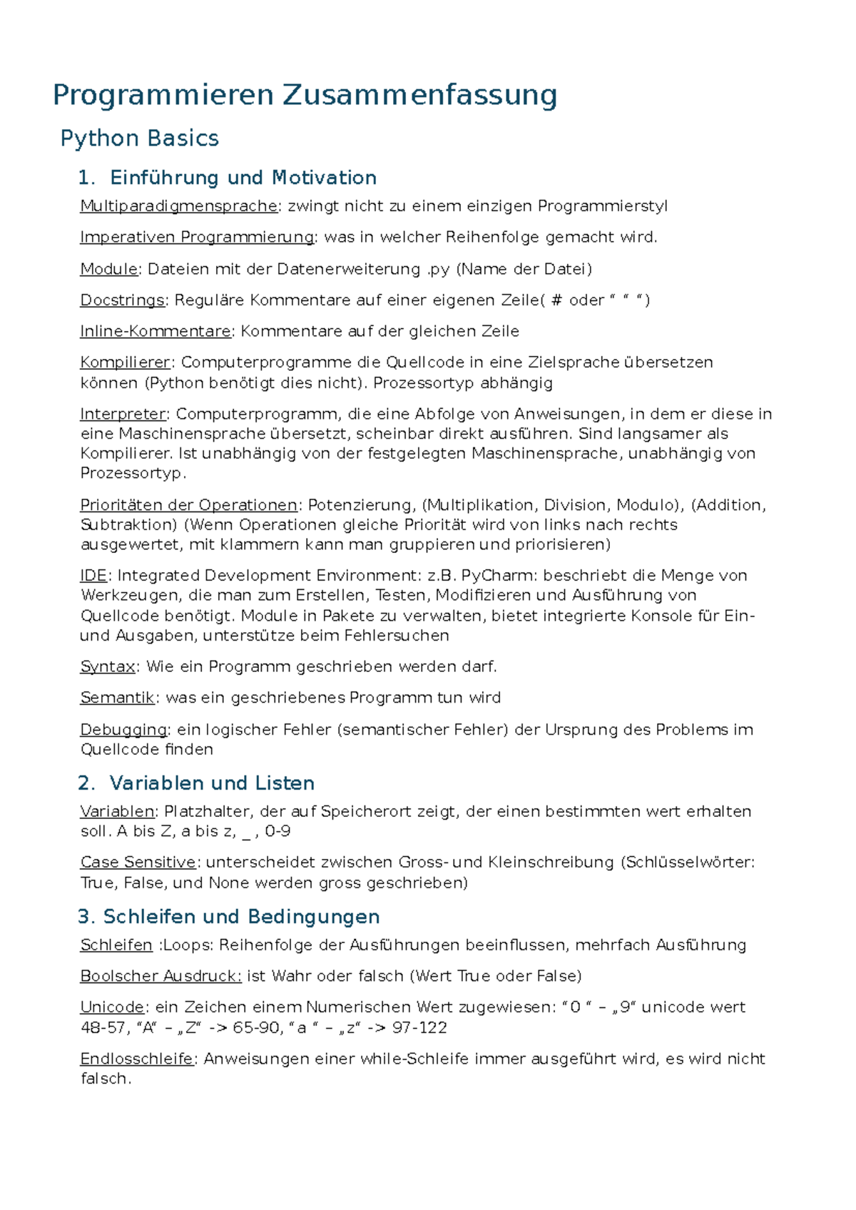 Python Zusammenfassung und Grundlagen (Kurs: Programmieren) - Studocu