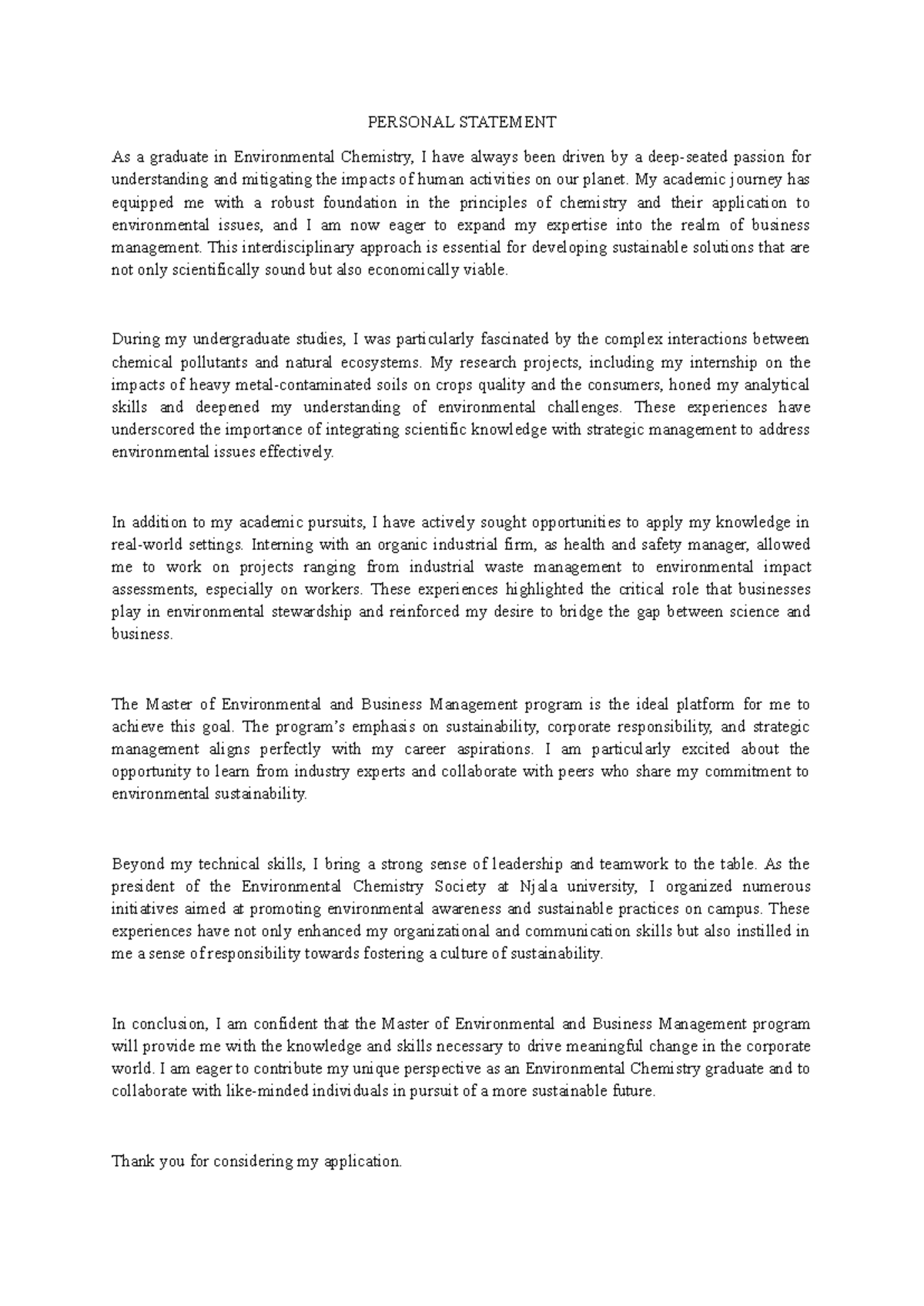 MBA Personal Statement: Bridging Environmental Science and Business ...