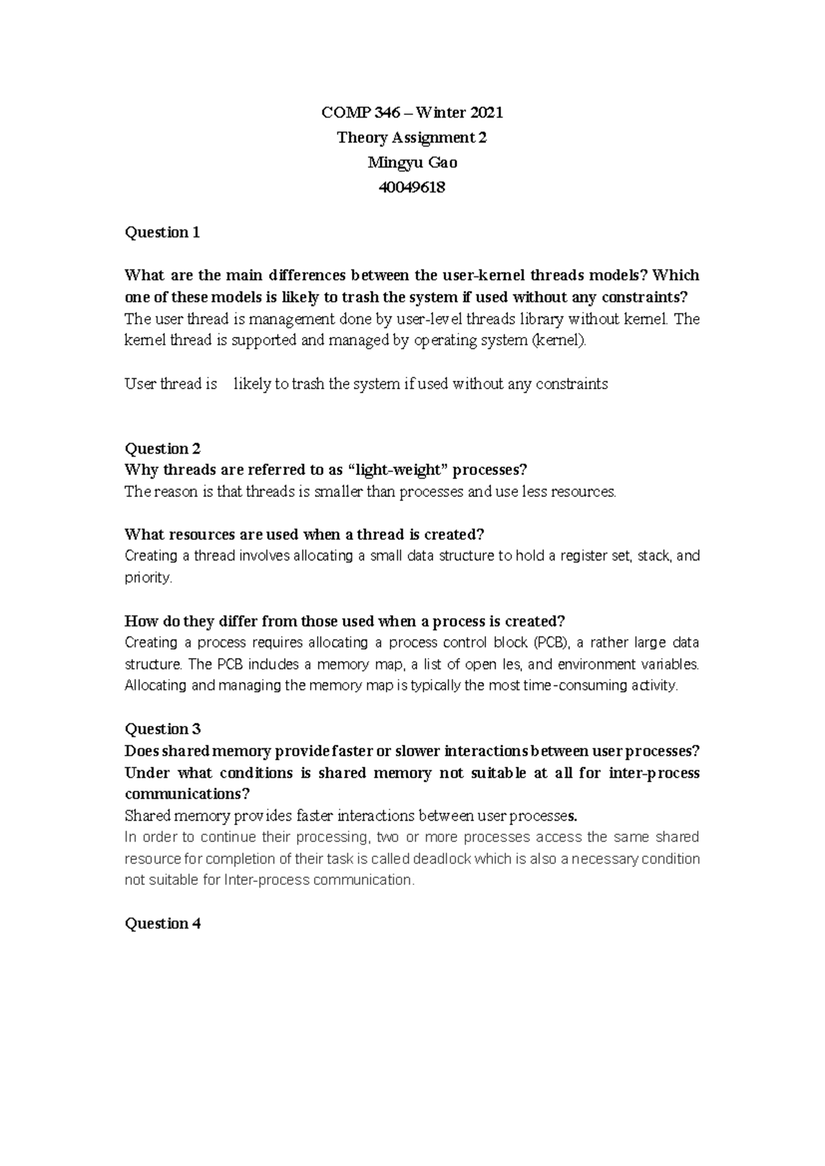 COMP 346 Theory Assignment 2 Winter 2021: Key Concepts & Answers - Studocu