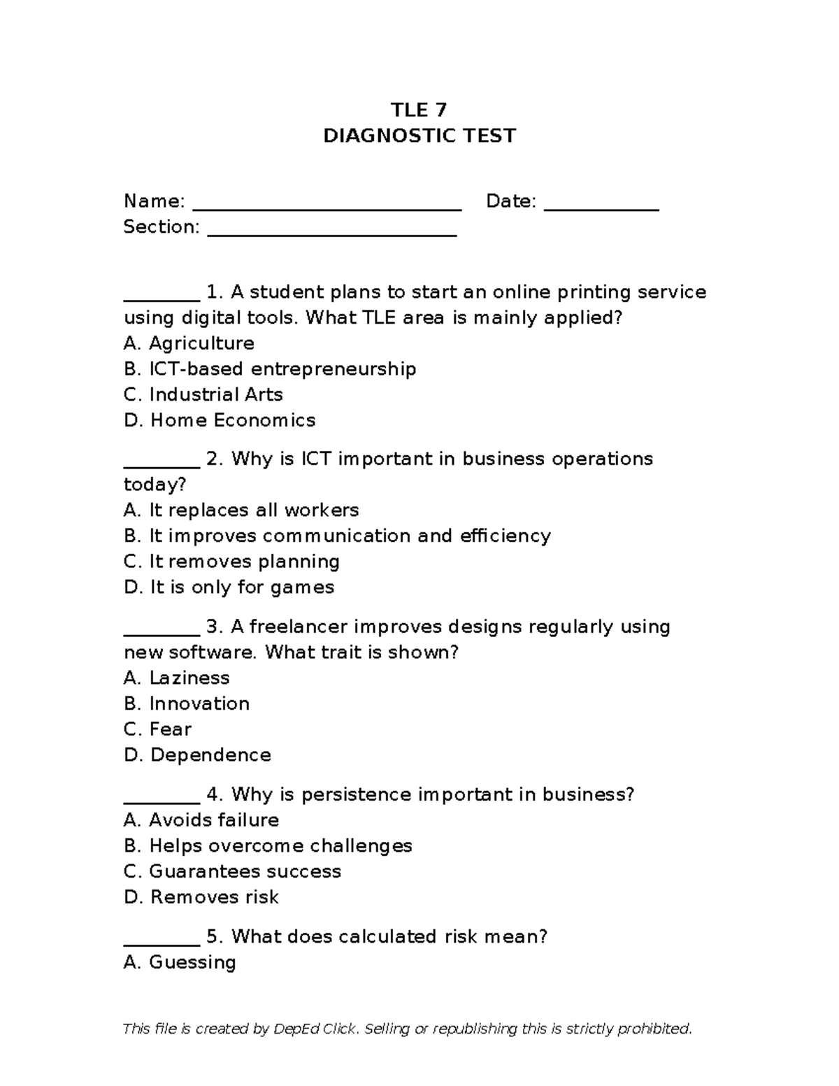Grade 7 TLE Diagnostic Test: Key Concepts and Questions - Studocu