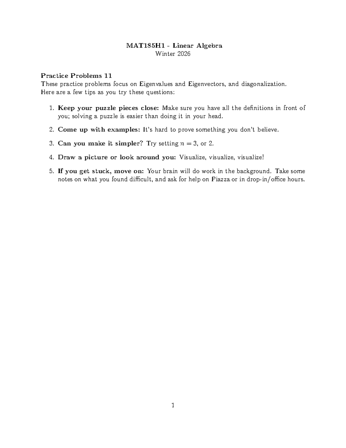 MAT185H1 Linear Algebra Winter 2026 Eigenvalues & Diagonalization ...