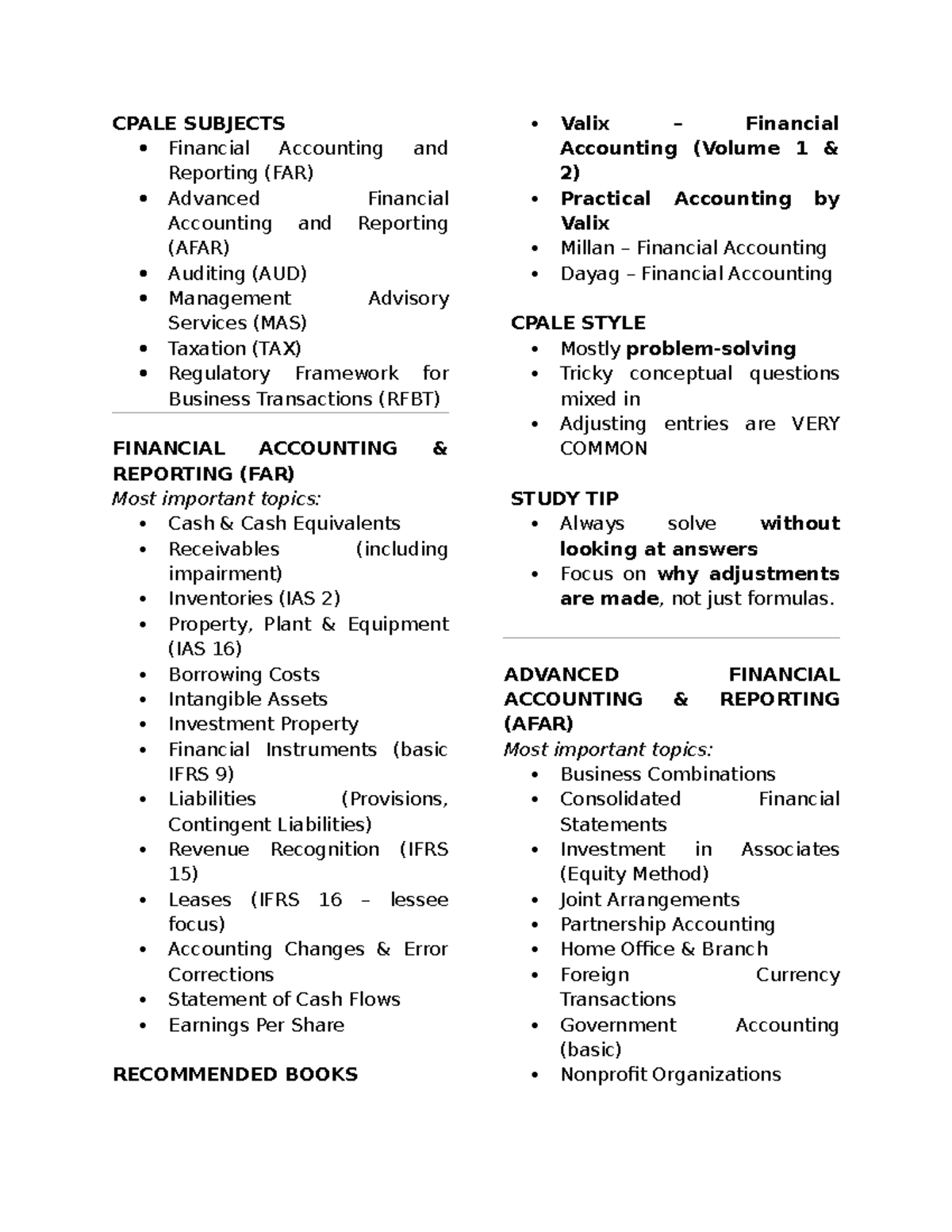 CPALE Subjects: Key Topics in FAR, AFAR, AUD, MAS, TAX, RFBT - Studocu