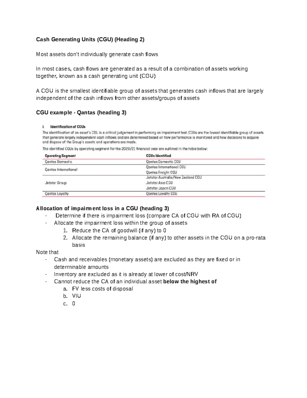 IFA Impairment Notes: Understanding Cash Generating Units (CGUs) - Studocu