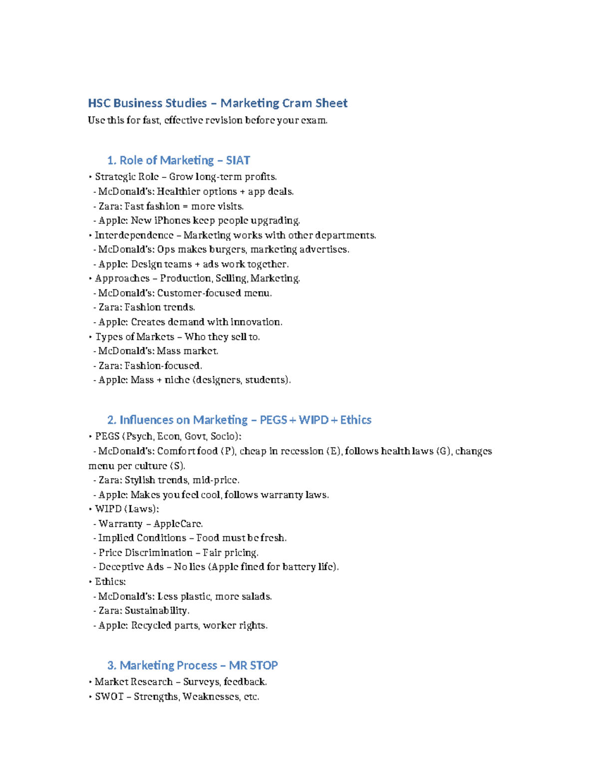 HSC Business Studies Marketing Cram Sheet for Quick Exam Revision - Studocu