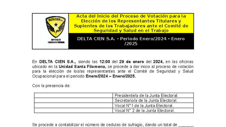 Acta de Inicio del Proceso de Votación para Elección CSST DELTA CIEN S ...