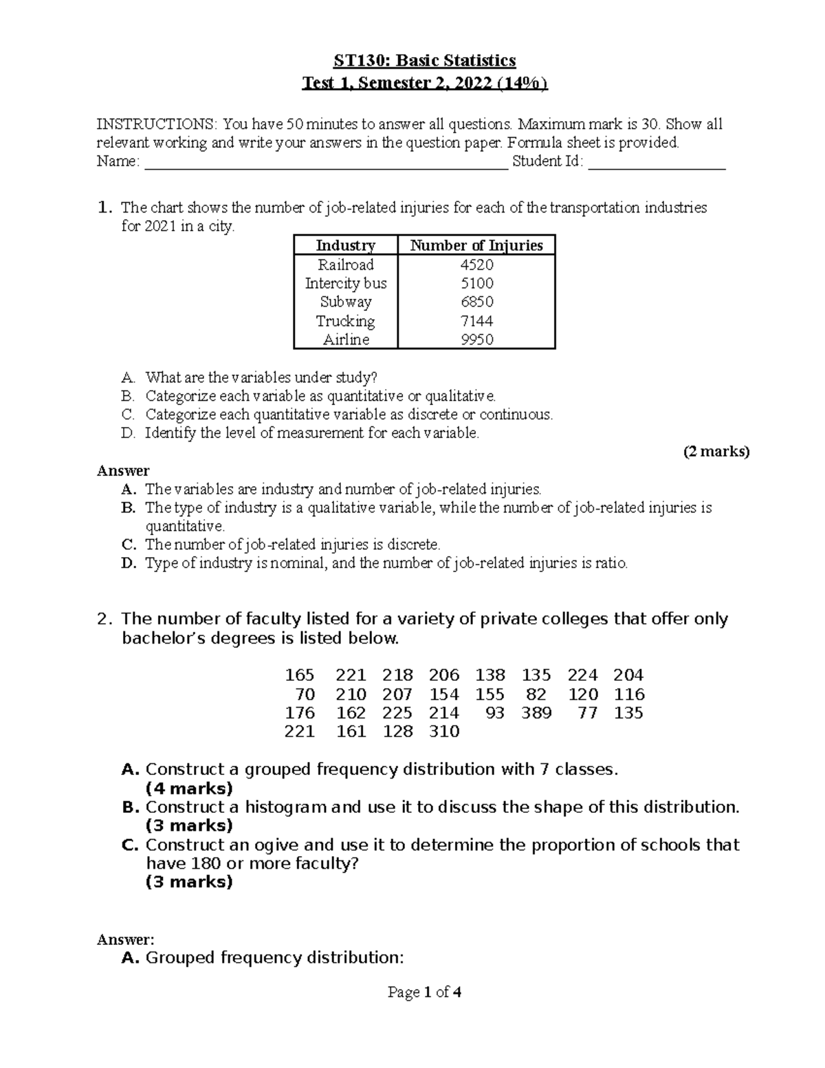 ST130 Test 1 S2 2022 solution - ST130: Basic Statistics Test 1 ...