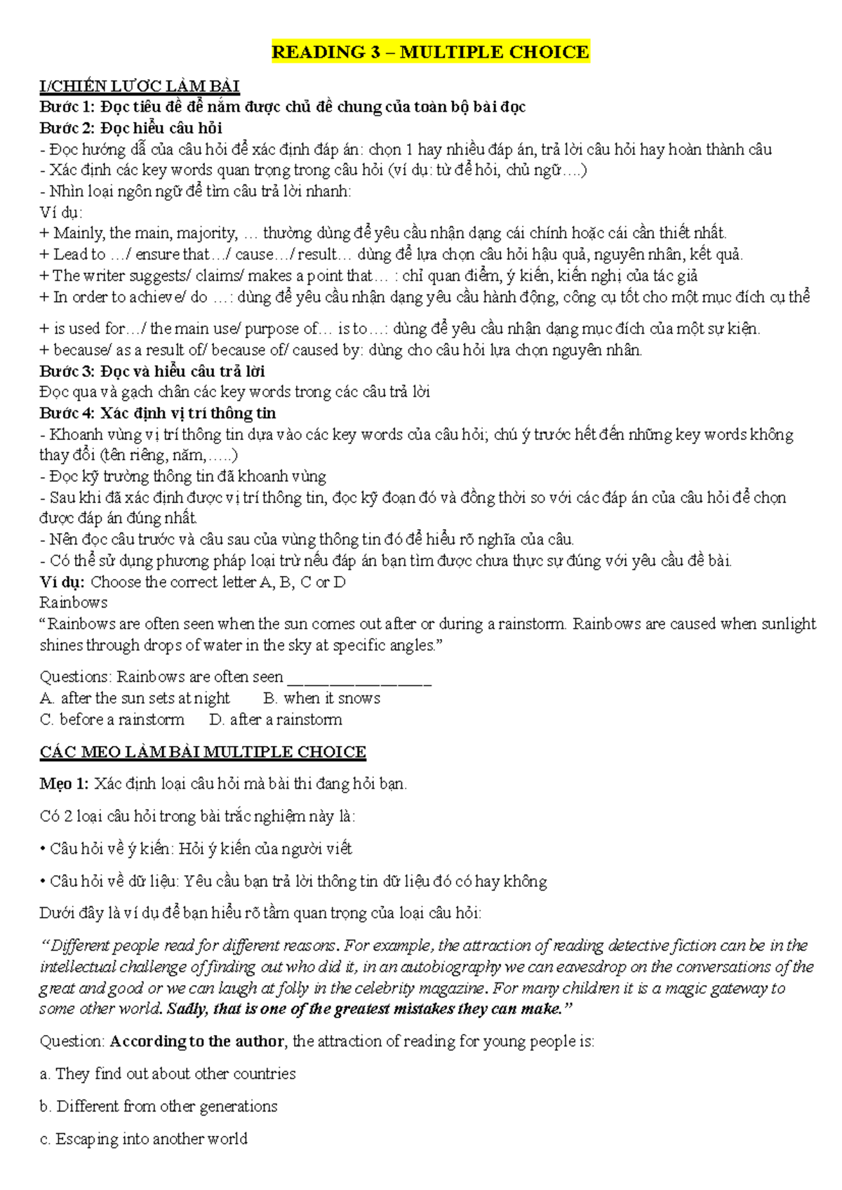 READING 3 – STRATEGIES FOR MULTIPLE CHOICE QUESTIONS - Studocu