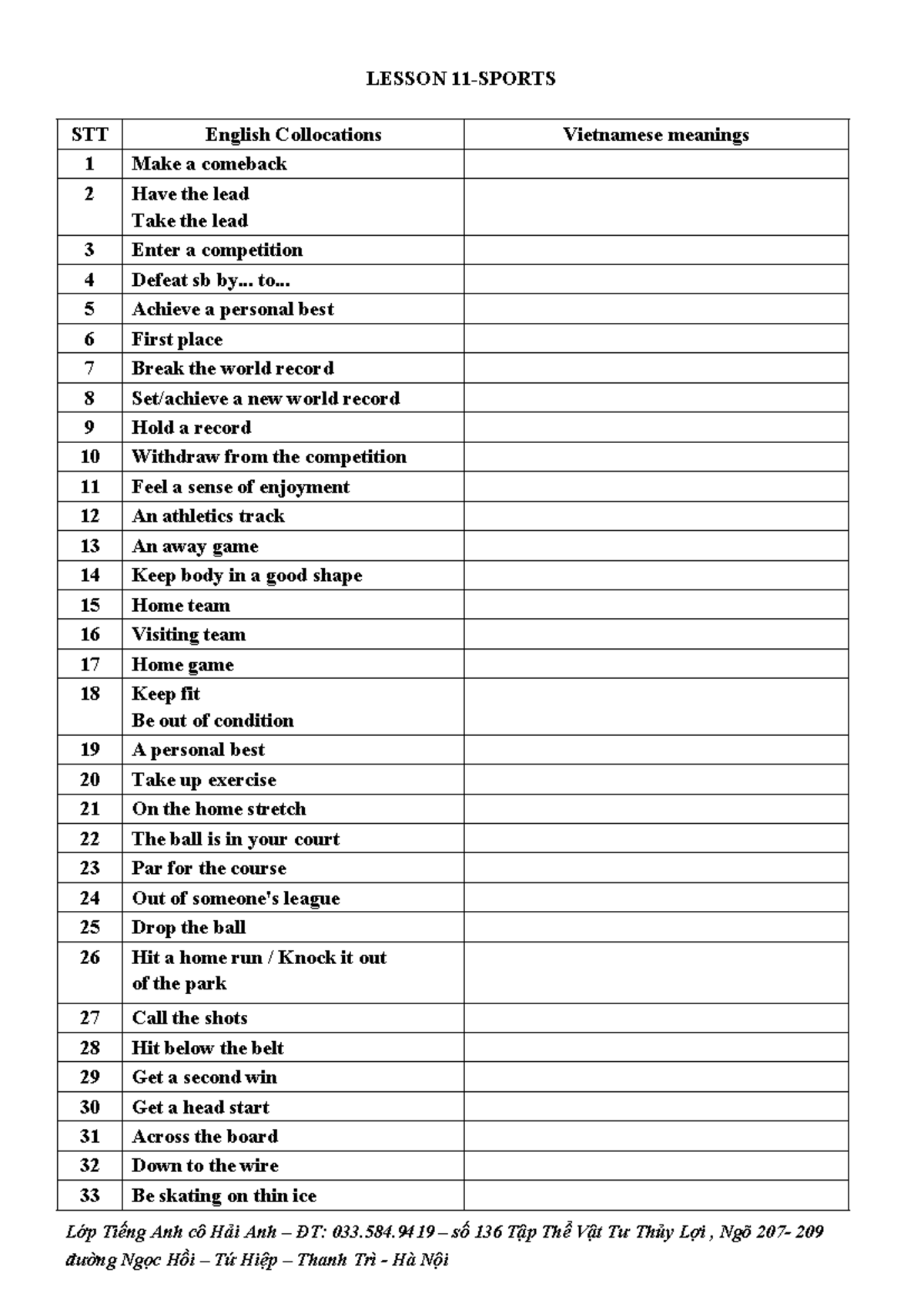 Lesson 11 - English Collocations in Sports for ESL Students - Studocu