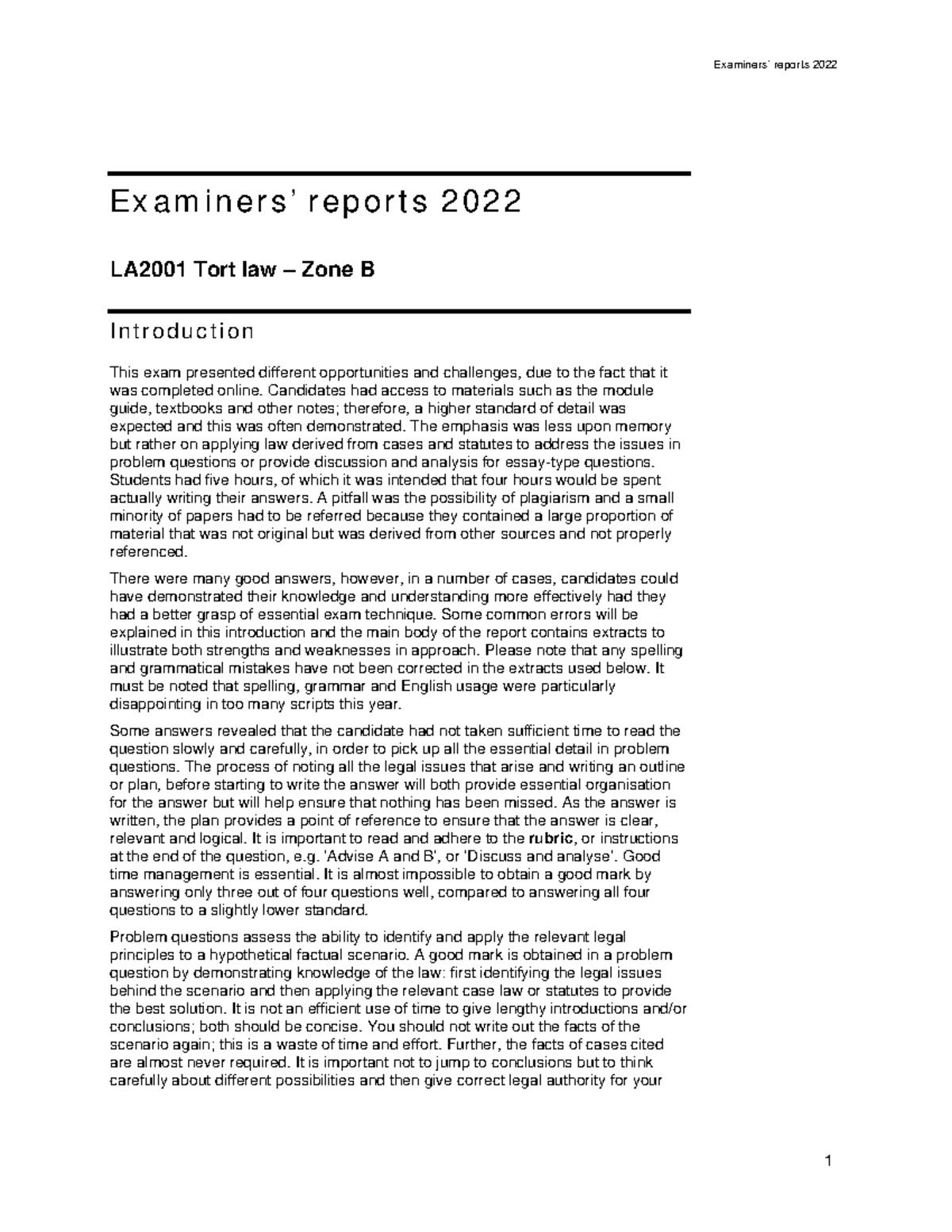 LA2001 Tort Law Exam Report - Zone B Insights & Analysis 2022 - Studocu