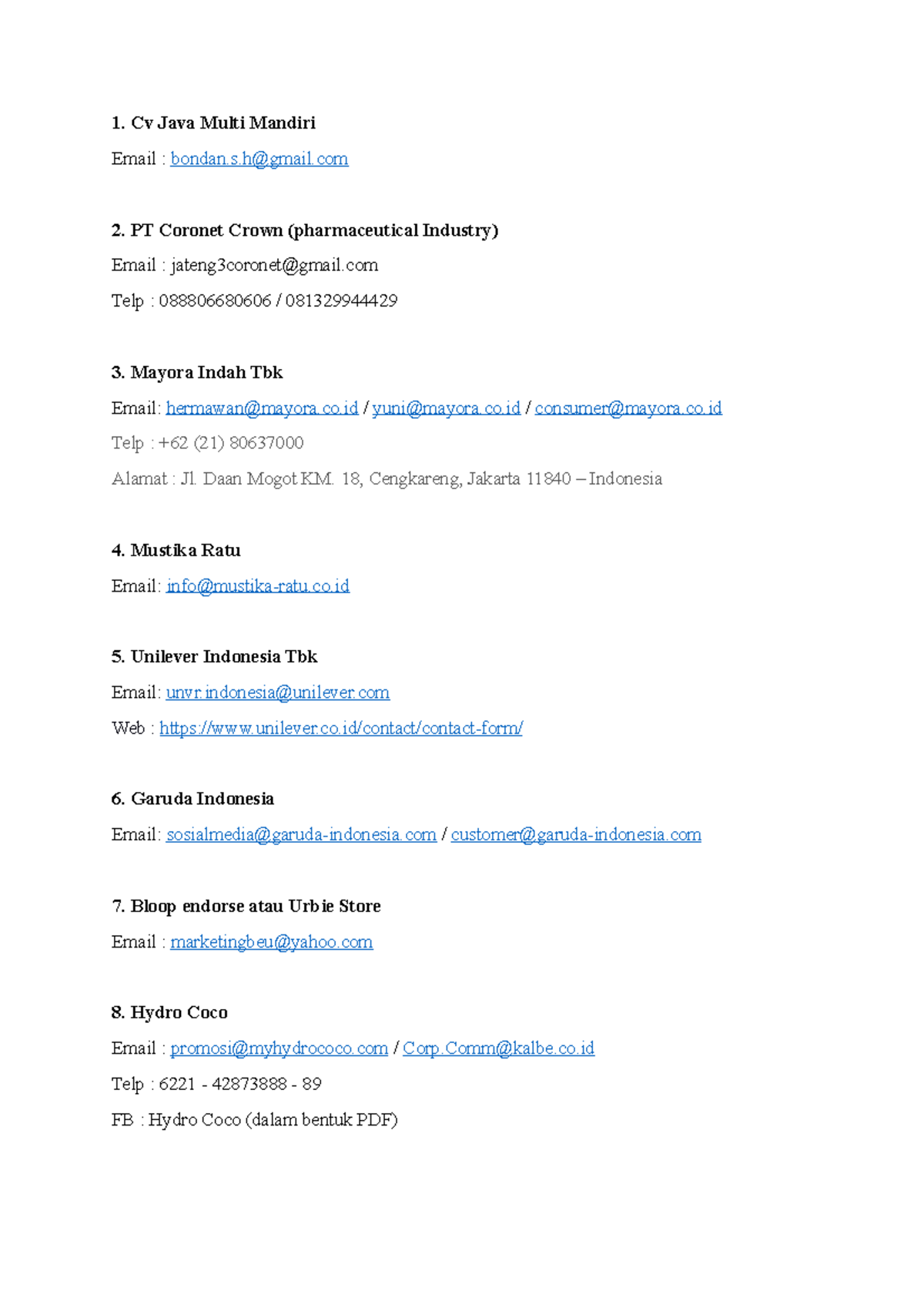 Email Sponsorship Contacts and Details for Various Companies - Document Preview