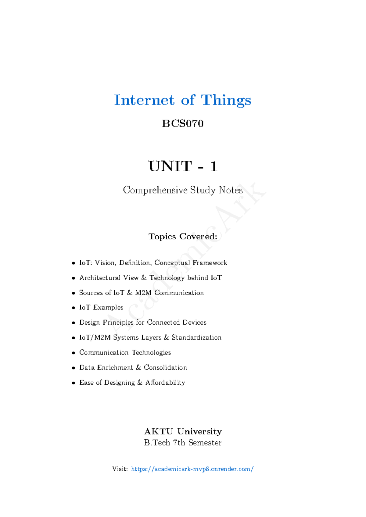 BCS070 Internet of Things Unit 1 Comprehensive Study Notes - Studocu
