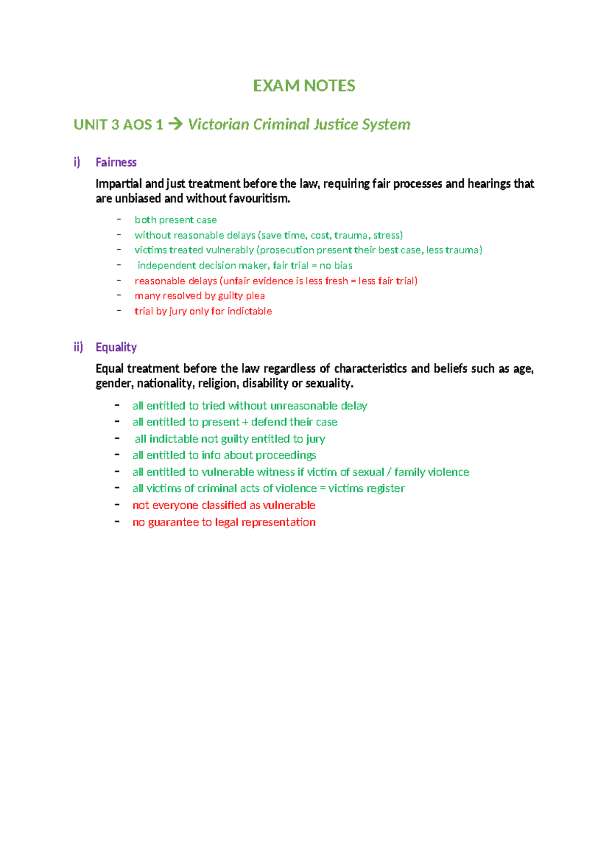 EXAM Notes - EXAM NOTES UNIT 3 AOS 1 Victorian Criminal Justice System ...