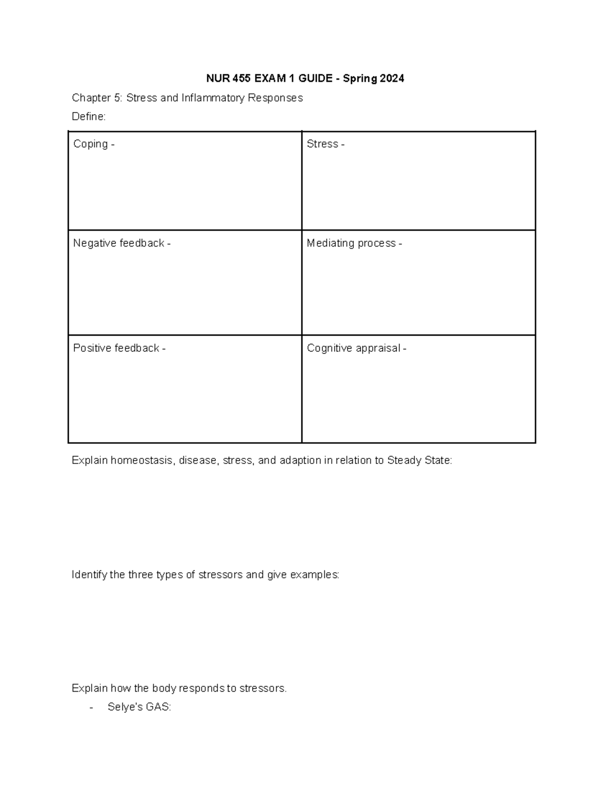 Spring 2024 - NUR 455: Exam 1 Study Guide (Blank Template) - NUR 455 ...