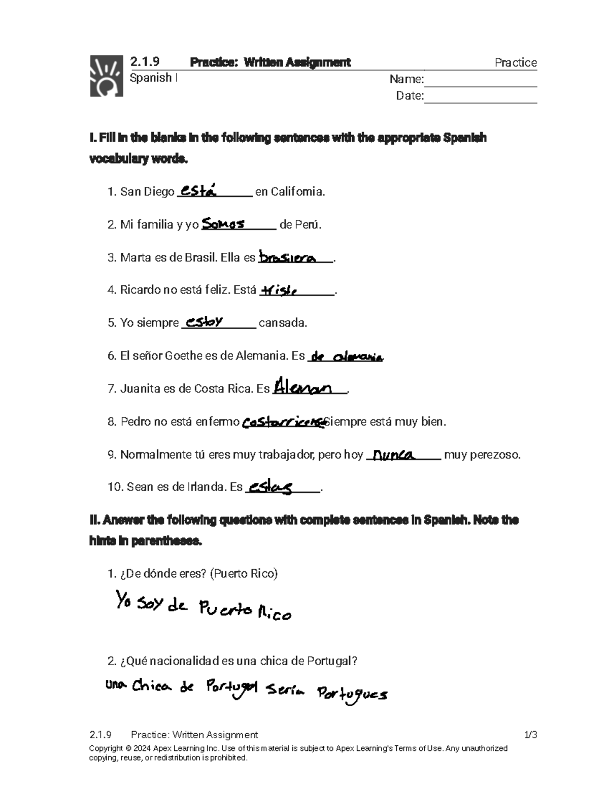 Spanish I 2.1.9 Practice - Written Assignment Exercise - Studocu