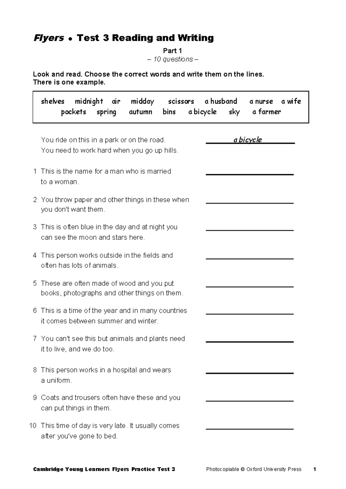 YLE Flyers Test 3: Reading and Writing Practice Questions - Studocu